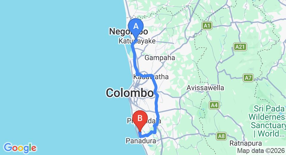 Driving route map: Colombo Airport (CMB) to Keselwatta (72 km, approx 1 h 26 min private transfer)