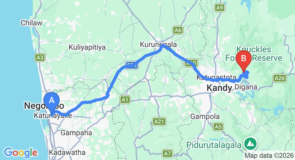 Driving route map: Colombo Airport (CMB) to Colombo Airport (CMB) to Santani Wellness Resort & Spa, Kandy Private Transfer (138 km, approx 3 h 45 min private transfer)