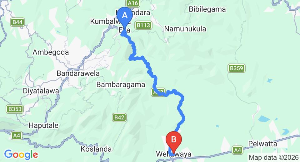 Driving route map: Ella to Wellawaya (27 km, approx 41 min private transfer)
