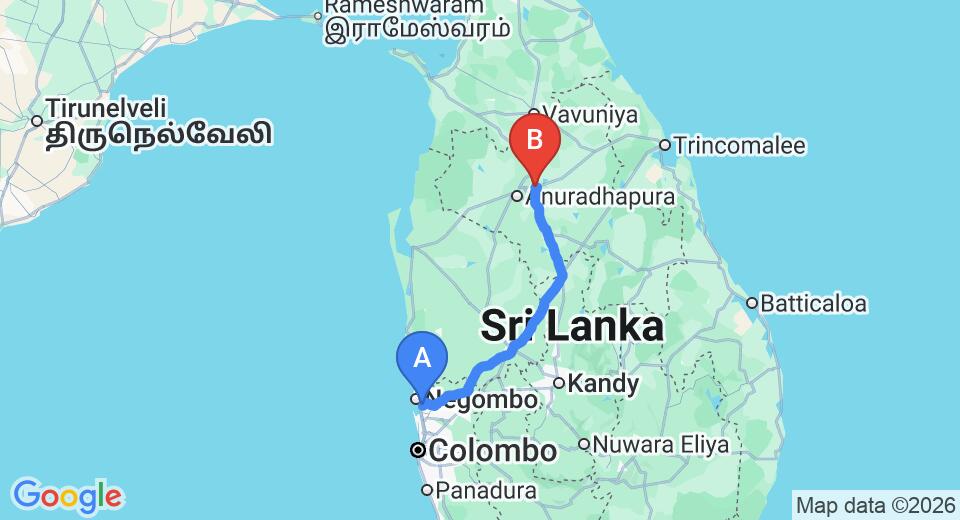 Driving route map: Colombo Airport (CMB) to Miheen Hotel and Resort, Mihintale (189 km, approx 3 h 54 min private transfer)