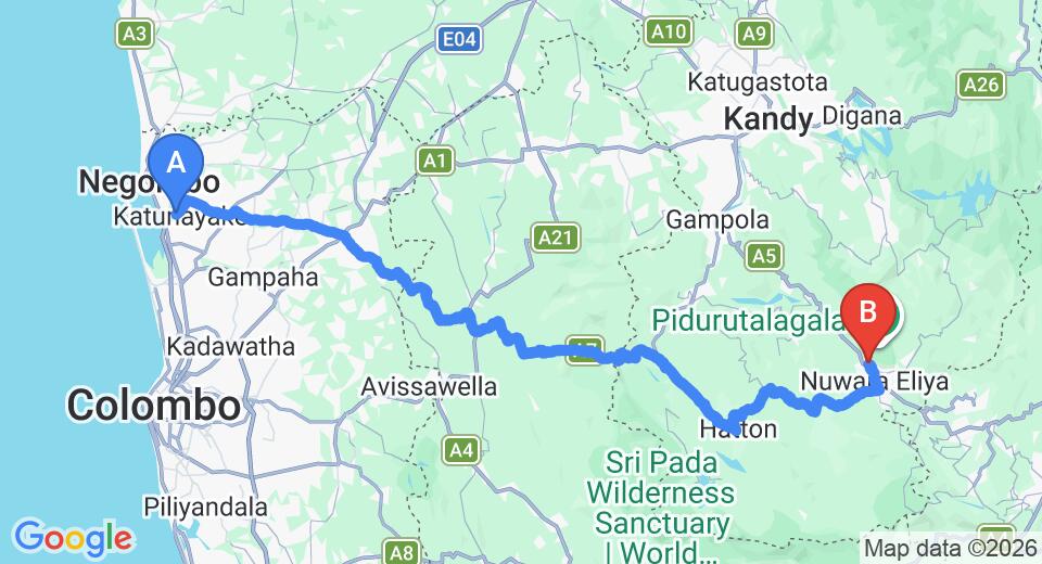 Driving route map: Colombo Airport (CMB) to Golden Five, Nuwara Eliya (156 km, approx 4 h 51 min private transfer)