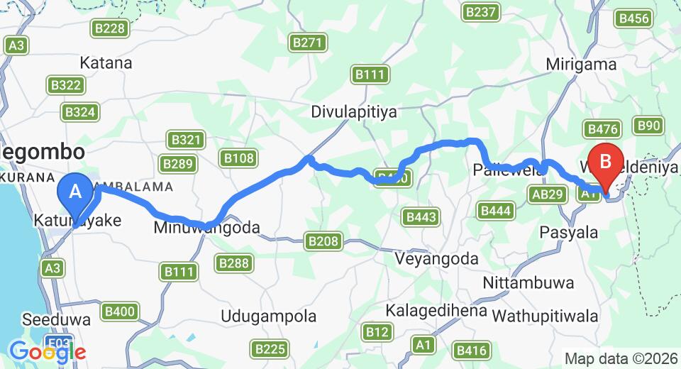 Driving route map: Colombo Airport (CMB) to Radawadunna (36 km, approx 1 h 5 min private transfer)
