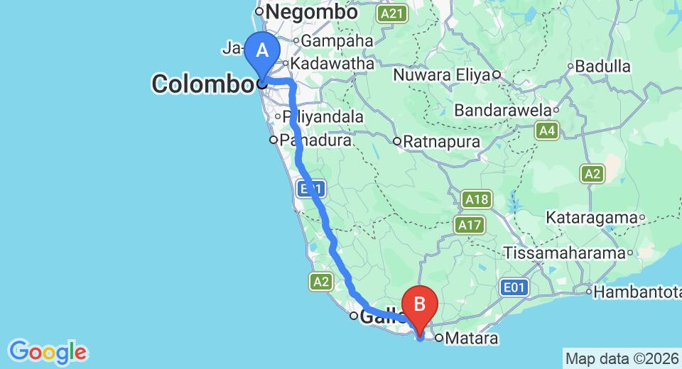 Driving route map: Colombo to Mirissa (155 km, approx 2 h 34 min private transfer)