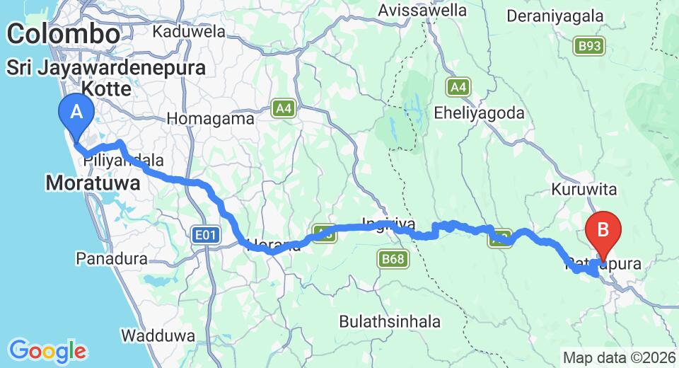 Driving route map: Ratmalana (RML) Airport to Ratnapura (78 km, approx 2 h 17 min private transfer)