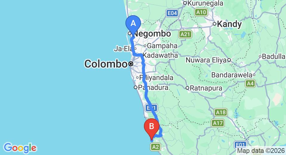 Driving route map: Colombo Airport (CMB) to Casananda Villa, Ambalangoda (132 km, approx 2 h 2 min private transfer)