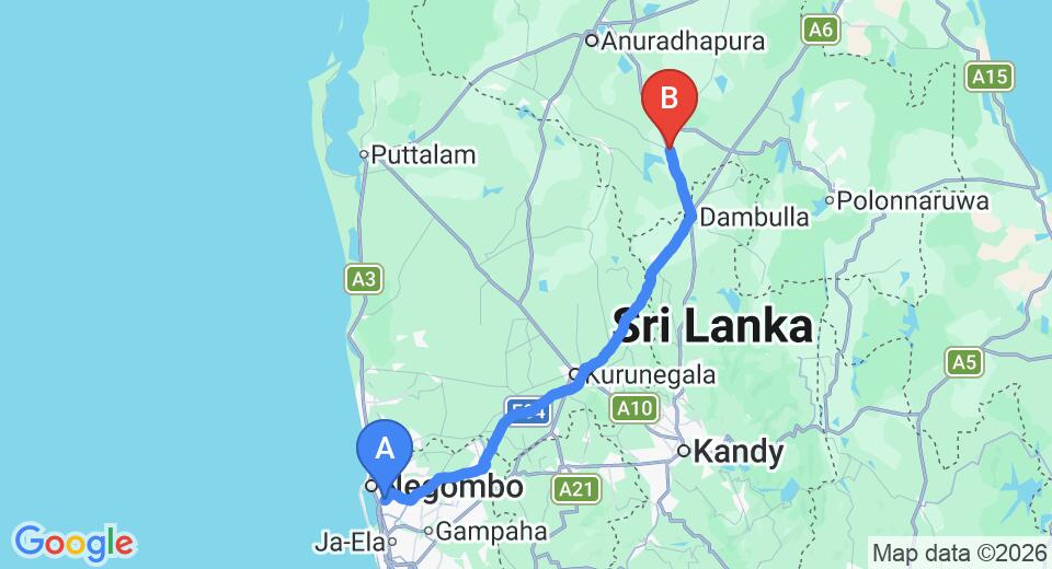 Driving route map: Colombo Airport (CMB) to Kekirawa (149 km, approx 3 h 10 min private transfer)