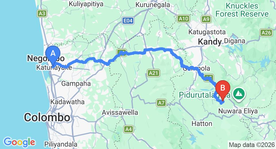 Driving route map: Colombo Airport (CMB) to Waterfalls Cottage Dunsinane, Nuwara Eliya (155 km, approx 4 h 47 min private transfer)