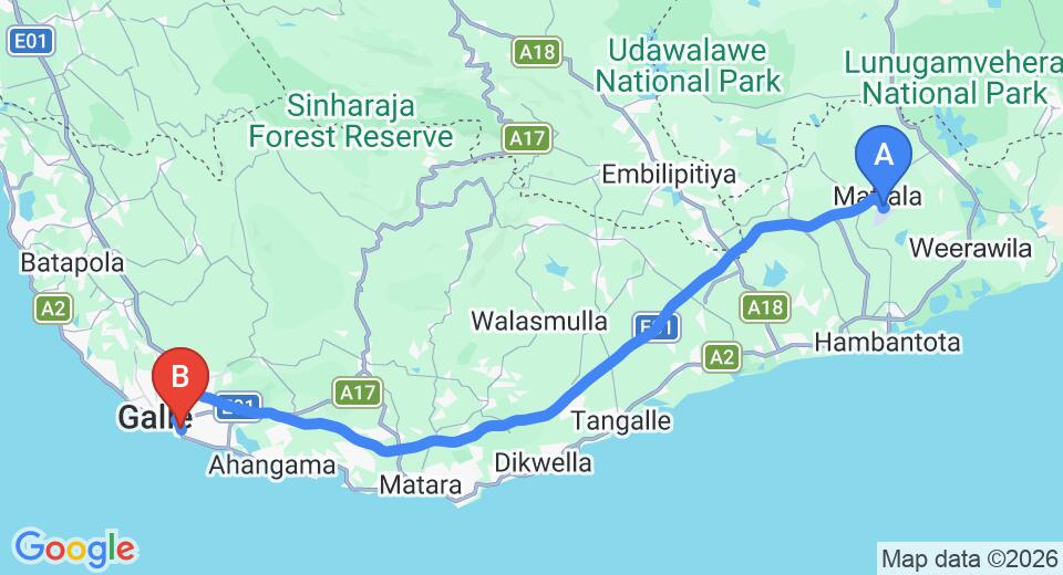 Driving route map: Mattala (HRI) Airport to Unawatuna (116 km, approx 1 h 31 min private transfer)