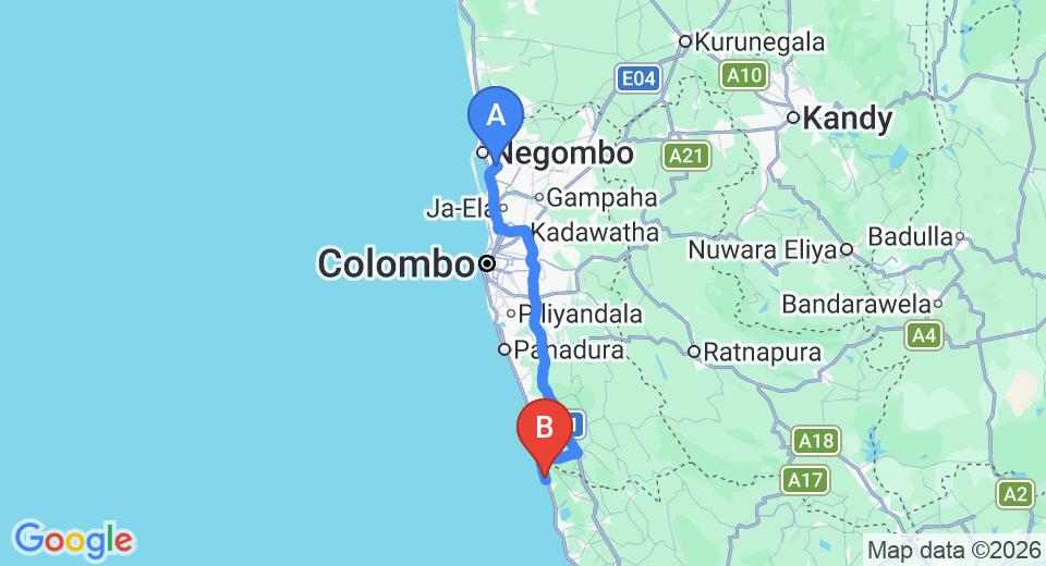 Driving route map: Colombo Airport (CMB) to Shunyata Villa, Induruwa (112 km, approx 1 h 46 min private transfer)