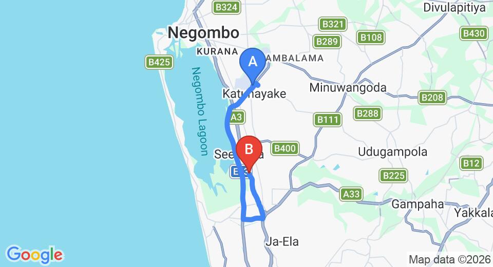 Driving route map: Colombo Airport (CMB) to Ramada Katunayake Colombo International Airport, Katunayake (17 km, approx 24 min private transfer)
