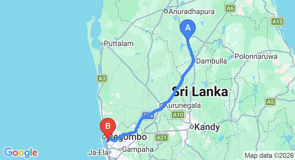 Driving route map: Kekirawa to Colombo Airport (CMB) (149 km, approx 3 h 10 min private transfer)