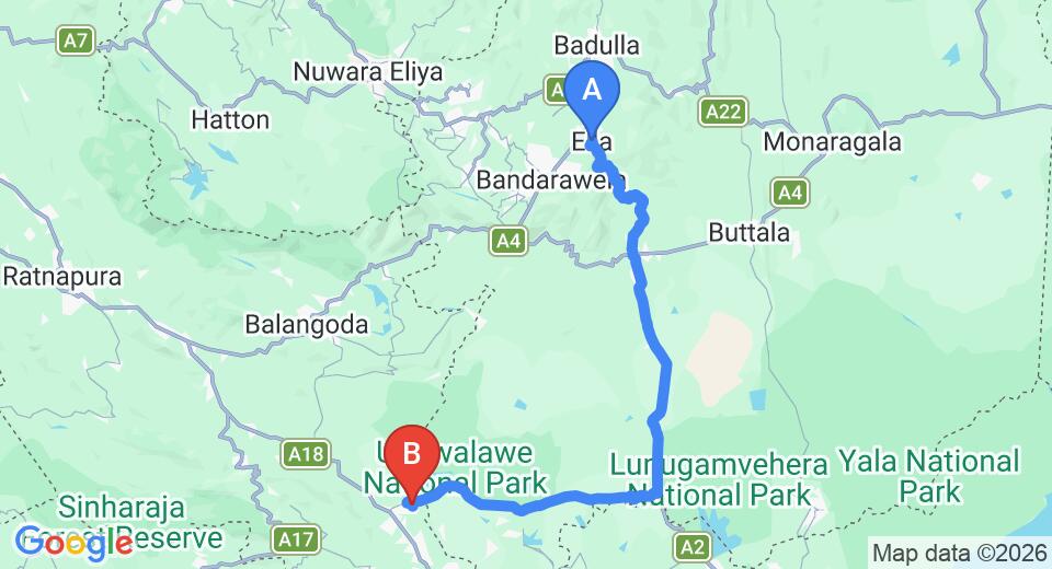 Driving route map: Ella to Udawalawe (101 km, approx 2 h 10 min private transfer)