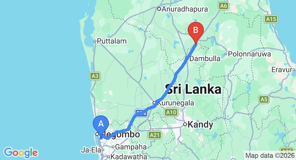 Driving route map: Colombo Airport (CMB) to Joe's Habarana Village, Habarana (146 km, approx 3 h 7 min private transfer)