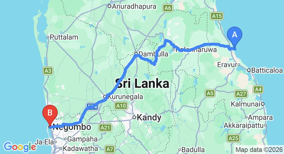 Driving route map: Pasikuda to Negombo (268 km, approx 5 h 27 min private transfer)