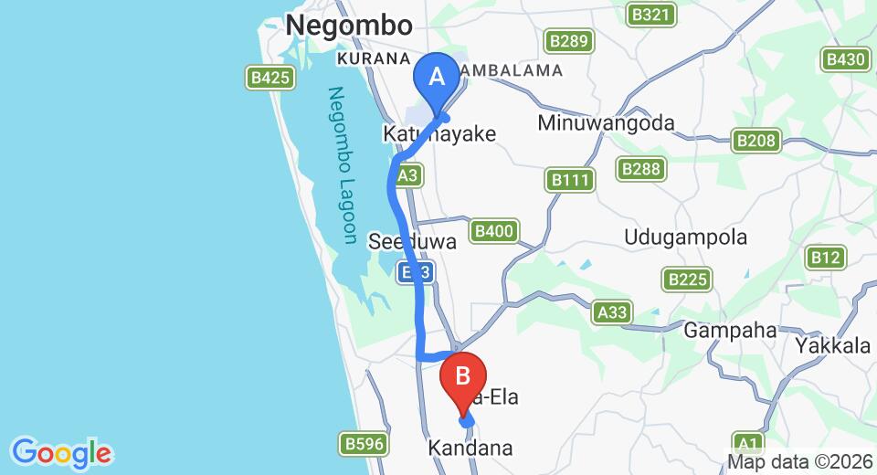 Driving route map: Colombo Airport (CMB) to Michael's Place, Kandana (17 km, approx 26 min private transfer)