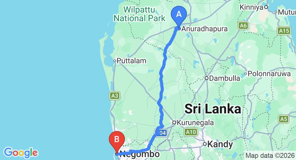 Driving route map: Anuradhapura to Negombo (175 km, approx 3 h 46 min private transfer)