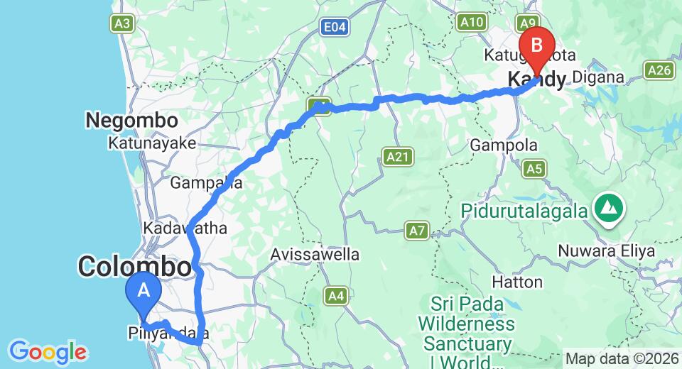 Driving route map: Ratmalana (RML) Airport to Kandy (139 km, approx 3 h 47 min private transfer)