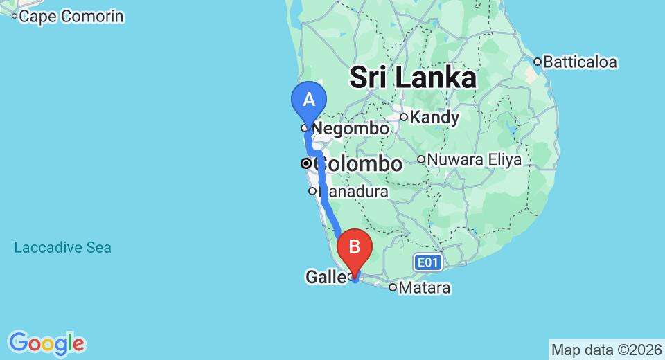 Driving route map: Colombo Airport (CMB) to Hansa Villa, Unawatuna (153 km, approx 2 h 12 min private transfer)