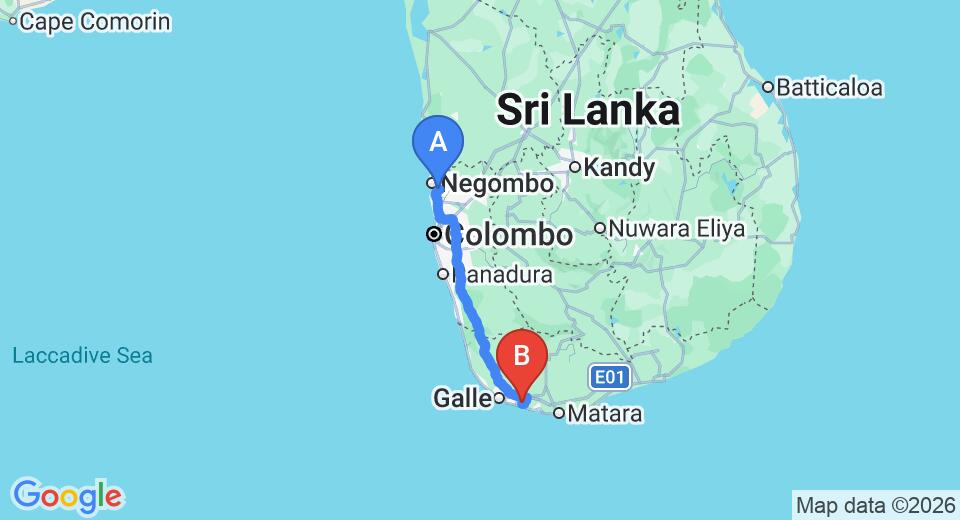 Driving route map: Colombo Airport (CMB) to Joe's Bungalows koggala, Koggala (164 km, approx 2 h 20 min private transfer)