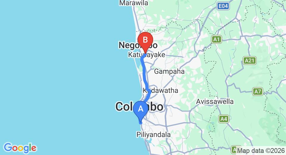 Driving route map: Dehiwala to Colombo Airport (CMB) (41 km, approx 56 min private transfer)