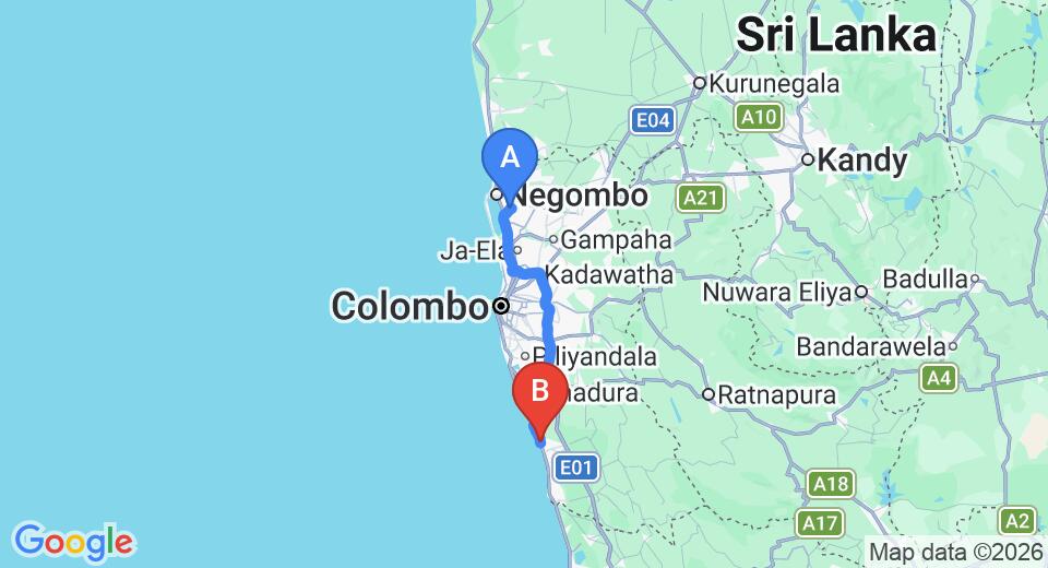 Driving route map: Colombo Airport (CMB) to Petter's Beach Inn, Kalutara (83 km, approx 1 h 30 min private transfer)