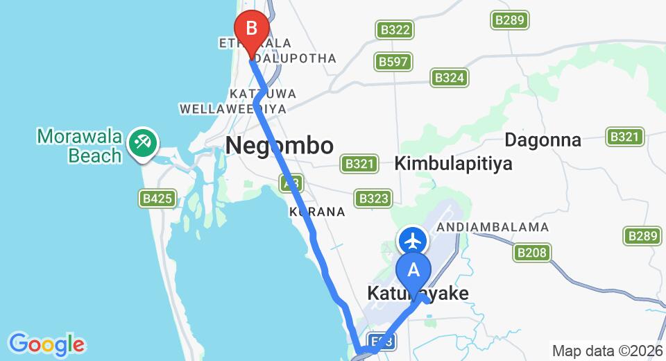 Driving route map: Colombo Airport (CMB) to Hotel Cloud Nine, Negombo (12 km, approx 28 min private transfer)