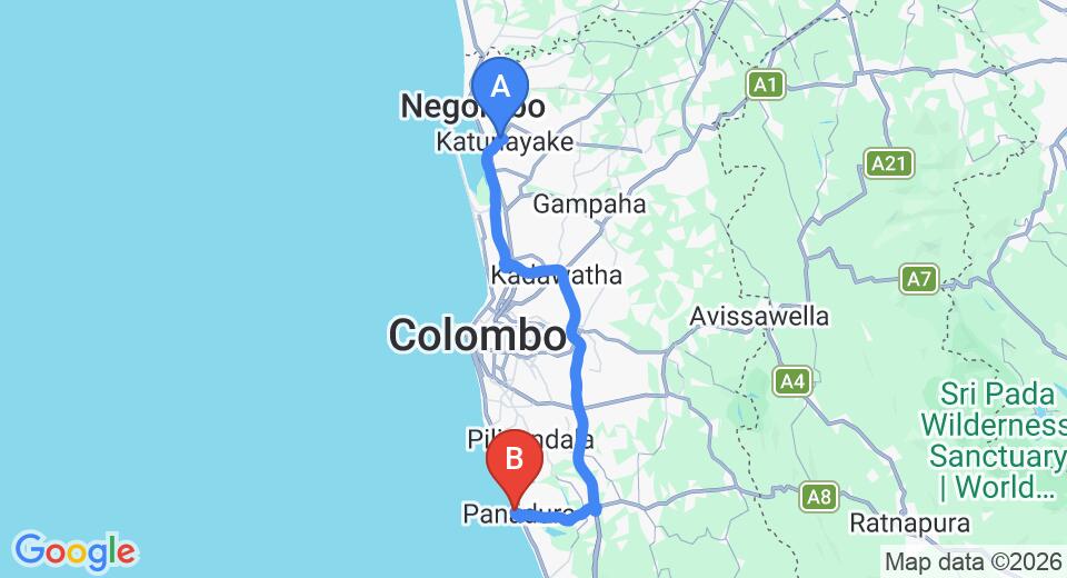 Driving route map: Colombo Airport (CMB) to Navro Beach Resort, Panadura (77 km, approx 1 h 26 min private transfer)