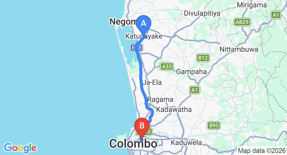 Driving route map: Colombo Airport (CMB) to Dematagoda (30 km, approx 35 min private transfer)