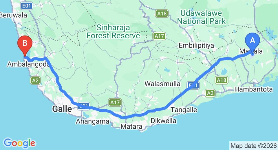 Driving route map: Mattala (HRI) Airport to Balapitiya (151 km, approx 2 h 3 min private transfer)