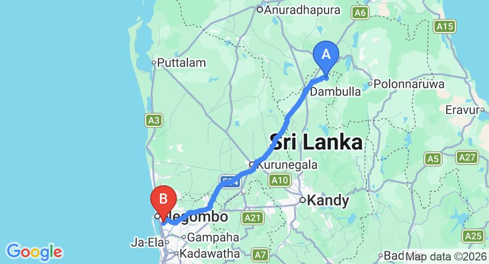 Driving route map: Sigiriya to Colombo Airport (CMB) (147 km, approx 3 h 13 min private transfer)