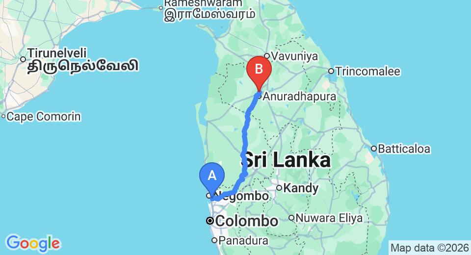 Driving route map: Colombo Airport (CMB) to Hotel Nilketha Villa, Anuradhapura (177 km, approx 3 h 50 min private transfer)