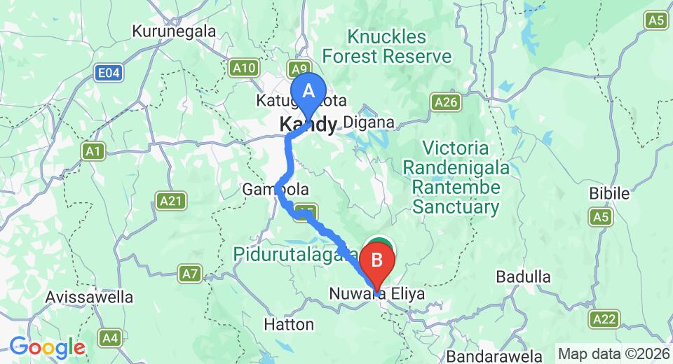 Driving route map: Kandy to Nuwara Eliya (73 km, approx 2 h 30 min private transfer)