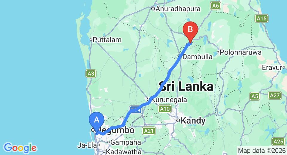 Driving route map: Colombo Airport (CMB) to Water Garden, Sigiriya (148 km, approx 3 h 16 min private transfer)