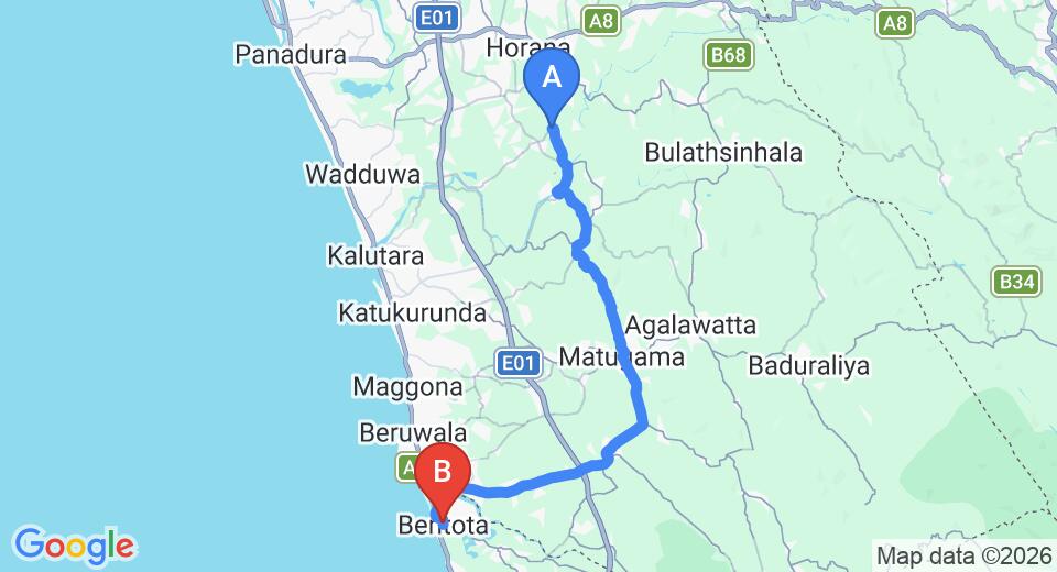 Driving route map: Yala to Bentota (44 km, approx 1 h 7 min private transfer)