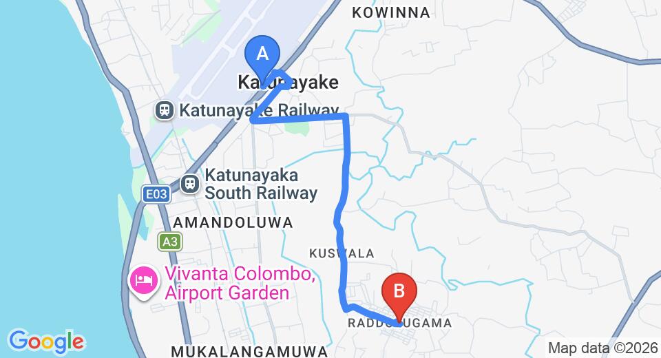 Driving route map: Colombo Airport (CMB) to Raddolugama (6 km, approx 16 min private transfer)