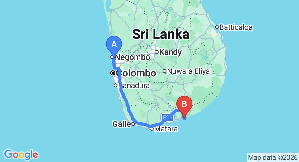 Driving route map: Colombo Airport (CMB) to Hambantota (269 km, approx 3 h 27 min private transfer)