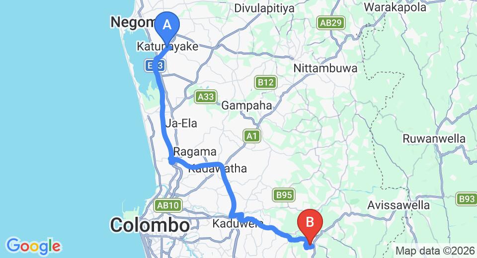 Driving route map: Colombo Airport (CMB) to Hanwella Resort, Hanwella (54 km, approx 1 h 13 min private transfer)
