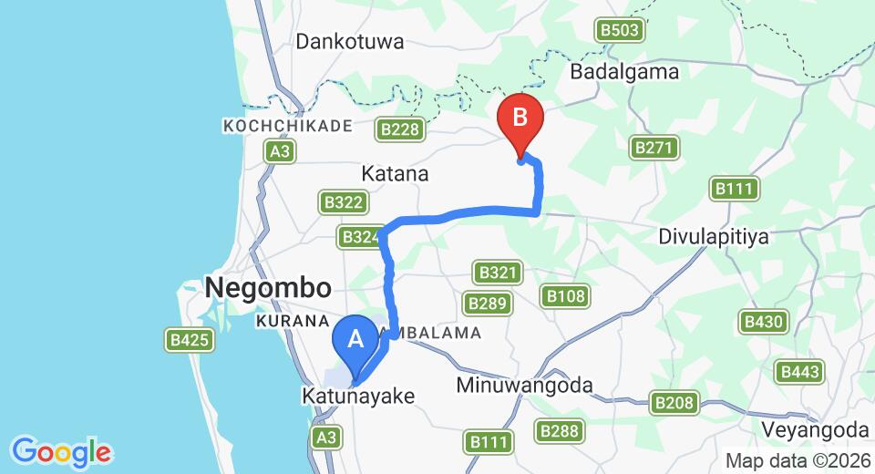 Driving route map: Colombo Airport (CMB) to Anthiekka Airport white Villa, Gampaha (17 km, approx 32 min private transfer)