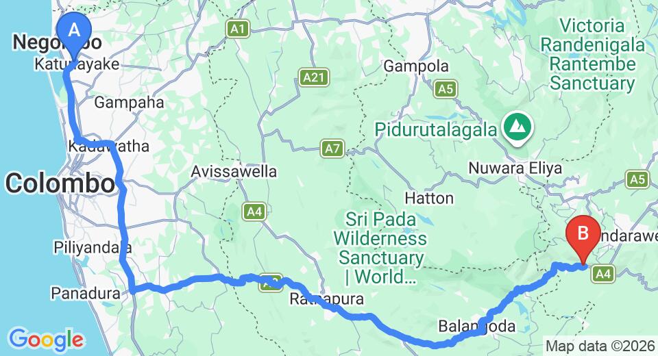 Driving route map: Colombo Airport (CMB) to Beragala (202 km, approx 4 h 46 min private transfer)