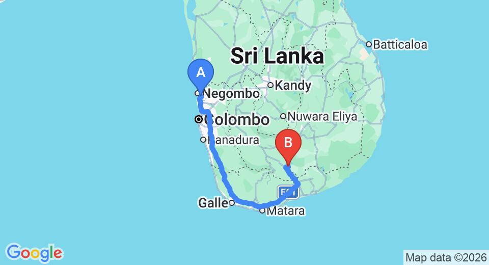 Driving route map: Colombo Airport (CMB) to Wild Life Holiday Bungalow, Udawalawe (260 km, approx 3 h 39 min private transfer)
