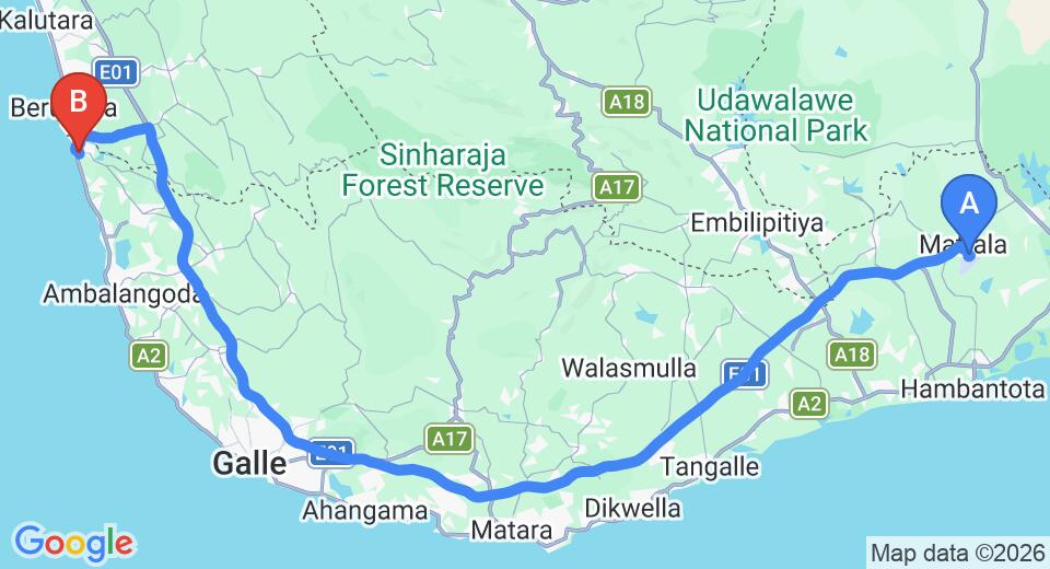 Driving route map: Mattala (HRI) Airport to Bentota (172 km, approx 2 h 16 min private transfer)