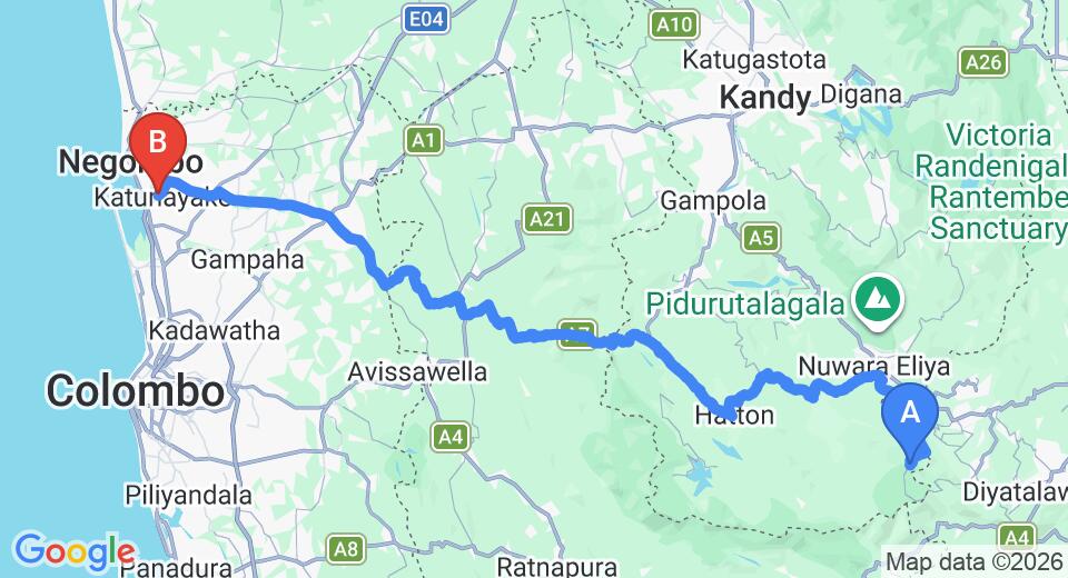 Driving route map: Horton Plains to Colombo Airport (CMB) (176 km, approx 5 h 31 min private transfer)
