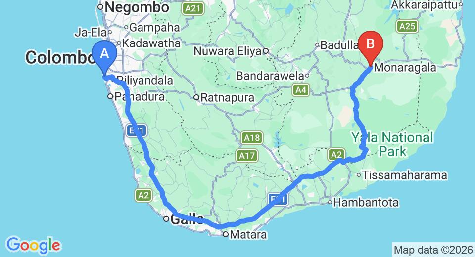 Driving route map: Ratmalana (RML) Airport to Moneragala (306 km, approx 4 h 38 min private transfer)