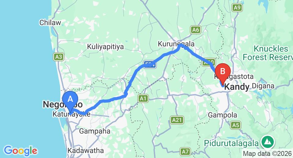 Driving route map: Colombo Airport (CMB) to Delmar Mount View Hotel, Kandy (108 km, approx 2 h 39 min private transfer)