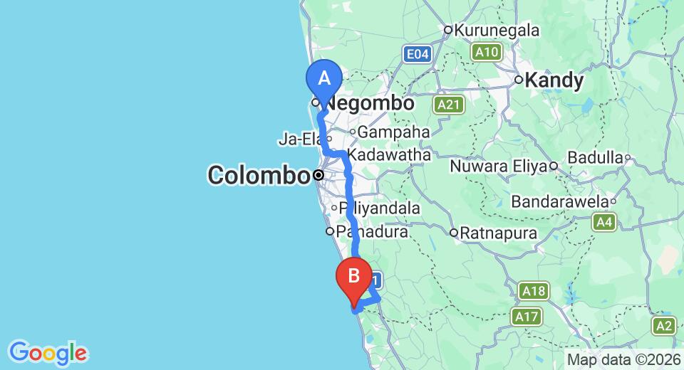 Driving route map: Colombo Airport (CMB) to Ocean View, Bentota (114 km, approx 1 h 57 min private transfer)