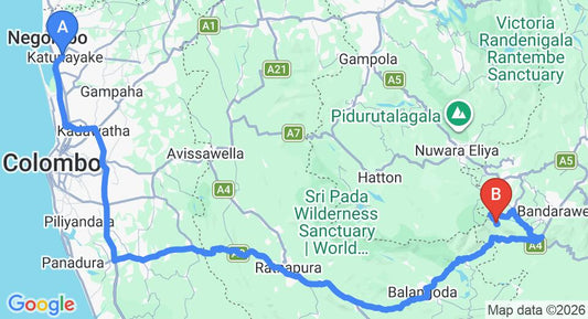 Driving route map: Colombo Airport (CMB) to Hill Safari Eco Lodge, Ohiya (236 km, approx 6 h 4 min private transfer)
