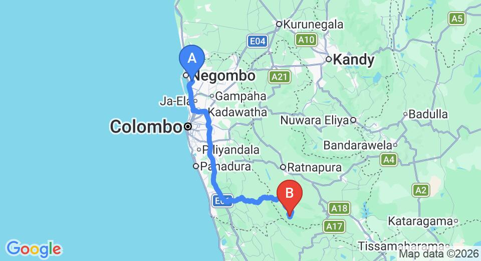 Driving route map: Colombo Airport (CMB) to Sinharaja (151 km, approx 2 h 59 min private transfer)
