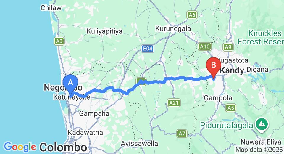 Driving route map: Colombo Airport (CMB) to Gadaladeniya (94 km, approx 2 h 45 min private transfer)