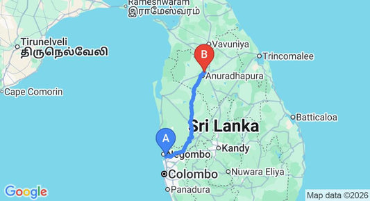 Driving route map: Colombo Airport (CMB) to Sandula Holiday Resort, Anuradhapura (179 km, approx 3 h 54 min private transfer)