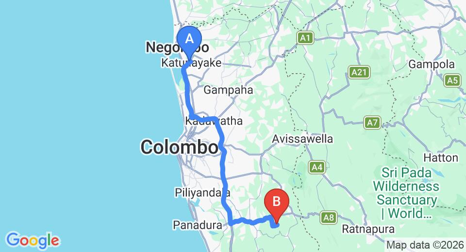 Driving route map: Colombo Airport (CMB) to The Nature Lover's Inn, Horana (82 km, approx 1 h 37 min private transfer)